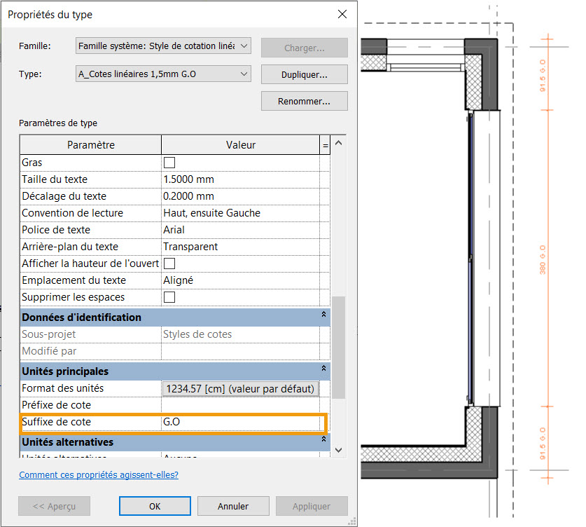 Prefixe_suffice type de cote Revit